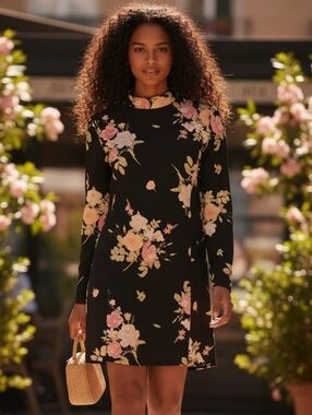 Leith Black Floral Long Sleeve Mini Dress with Pink & Cream Blooms